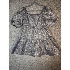 Moon River Metallic‎ Jacquard Puff Sleeve Mini Dress Blue Silver Size M